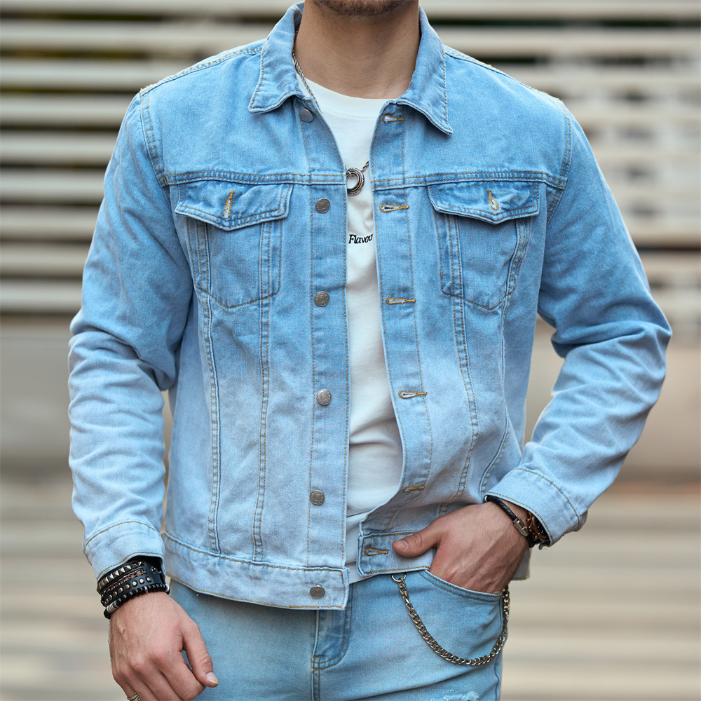 Jachetă casual din denim, top bărbătesc nou, lejer și de toamnă, ținută de primăvară, tendință din denim cu guler pătrat_voghion.com