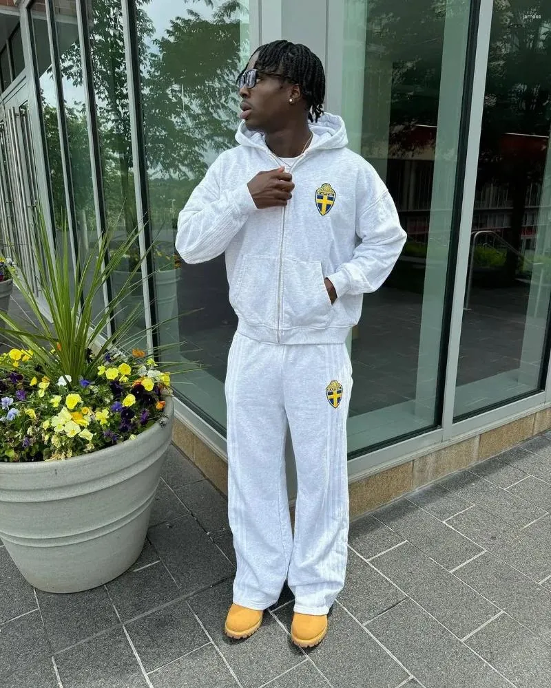 Herren Tracuits Europäische und amerikanische einfache klassische gestreifte Hoodie Zweiteiliges Set Herren Street Retro Trendy Tracuit_voghion.com