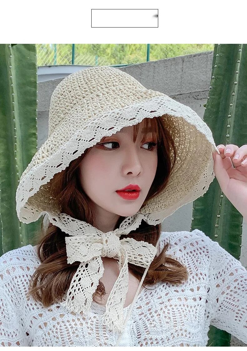 Internet famous straw female summer lace tied hat, fresh refreshing beach vacation, sun protection and shading hat strap_voghion.com