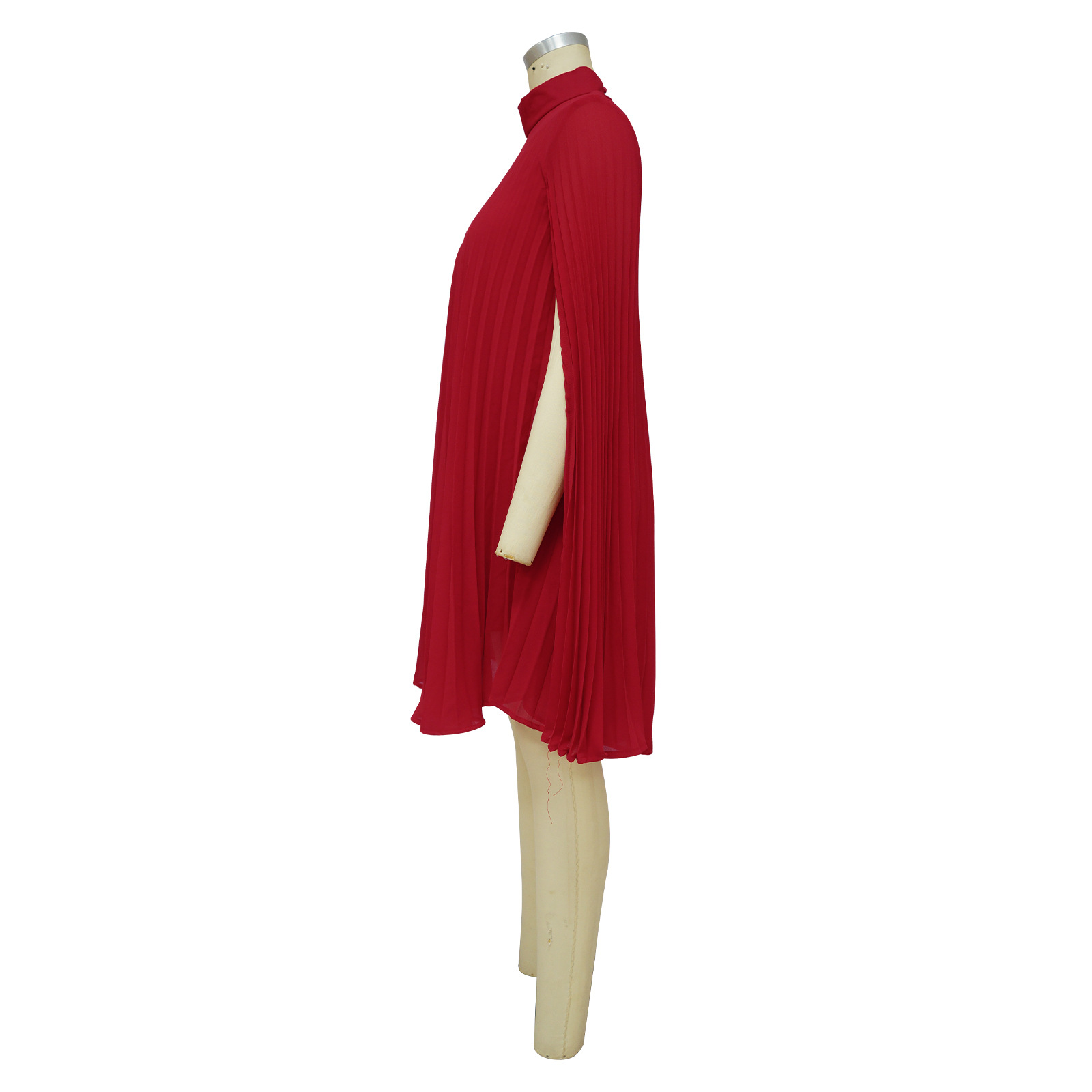 Women's Solid Colour Loose Bat Sleeve Pleated Chiffon Dress_voghion.com