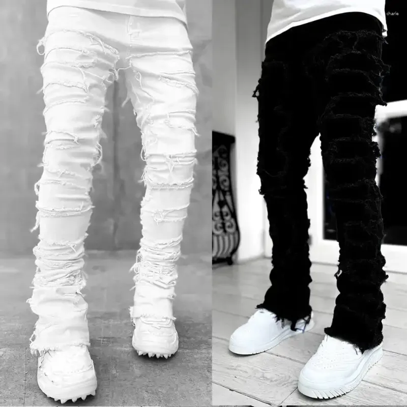 Blugi stivuiți pentru bărbați, stil hip hop, stil bărbătesc, stil 2024, stil stivuit, stil slim fit, stil Distressed, stil distrus_voghion.com
