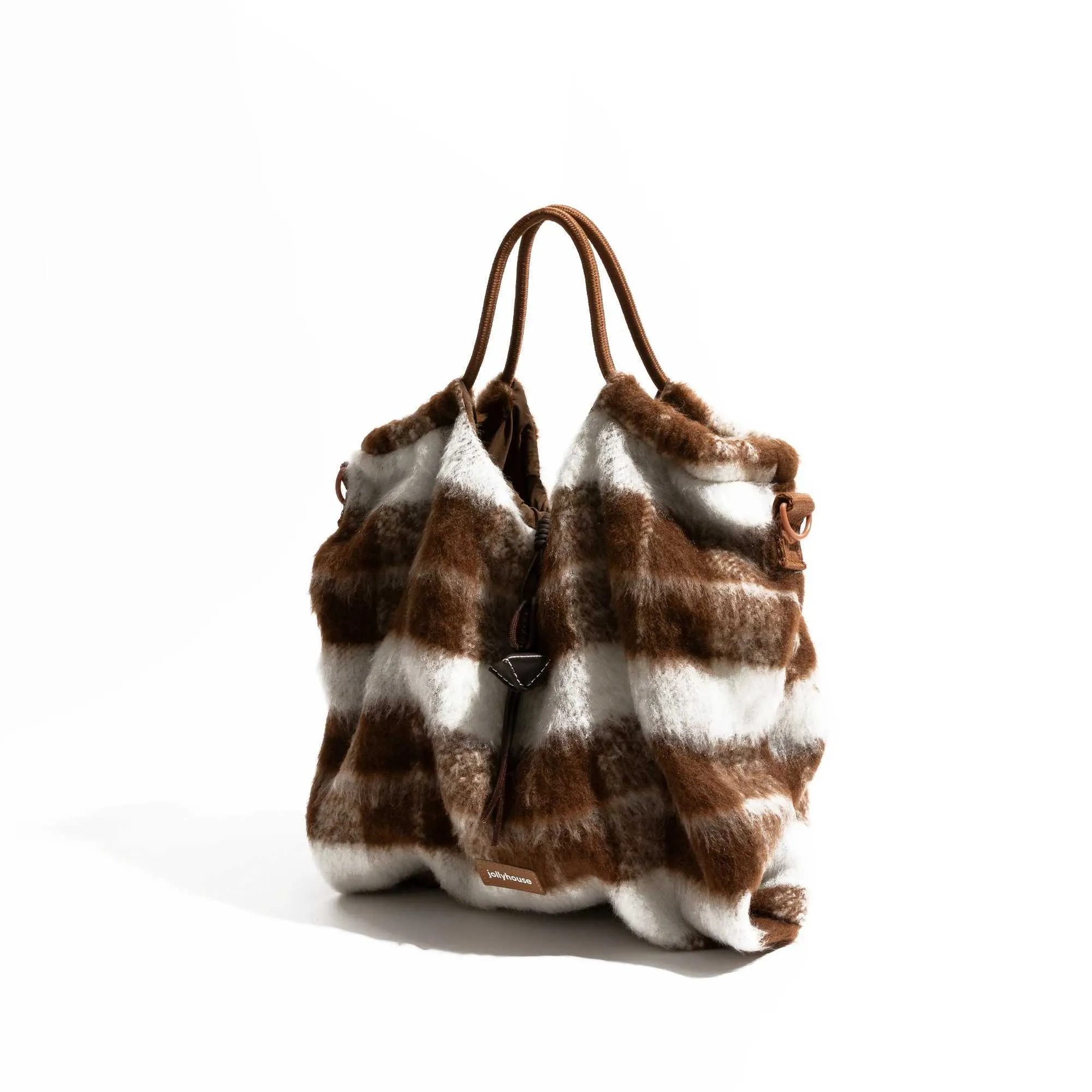 KOKOPEAS Vintage Gestreiften Plaid Flauschigen Quadratischen Handtasche Drstring Design Winter Frauen Stilvolle Schulter_voghion.com