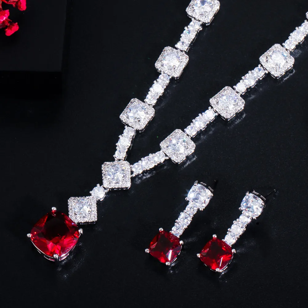 ThreeGraces Elegant Gul CZ Krystal Sier Farve Store Firkantede Dråbeøreringe Halskæde Bryllupsfest Smykkesæt til Kvinder_voghion.com