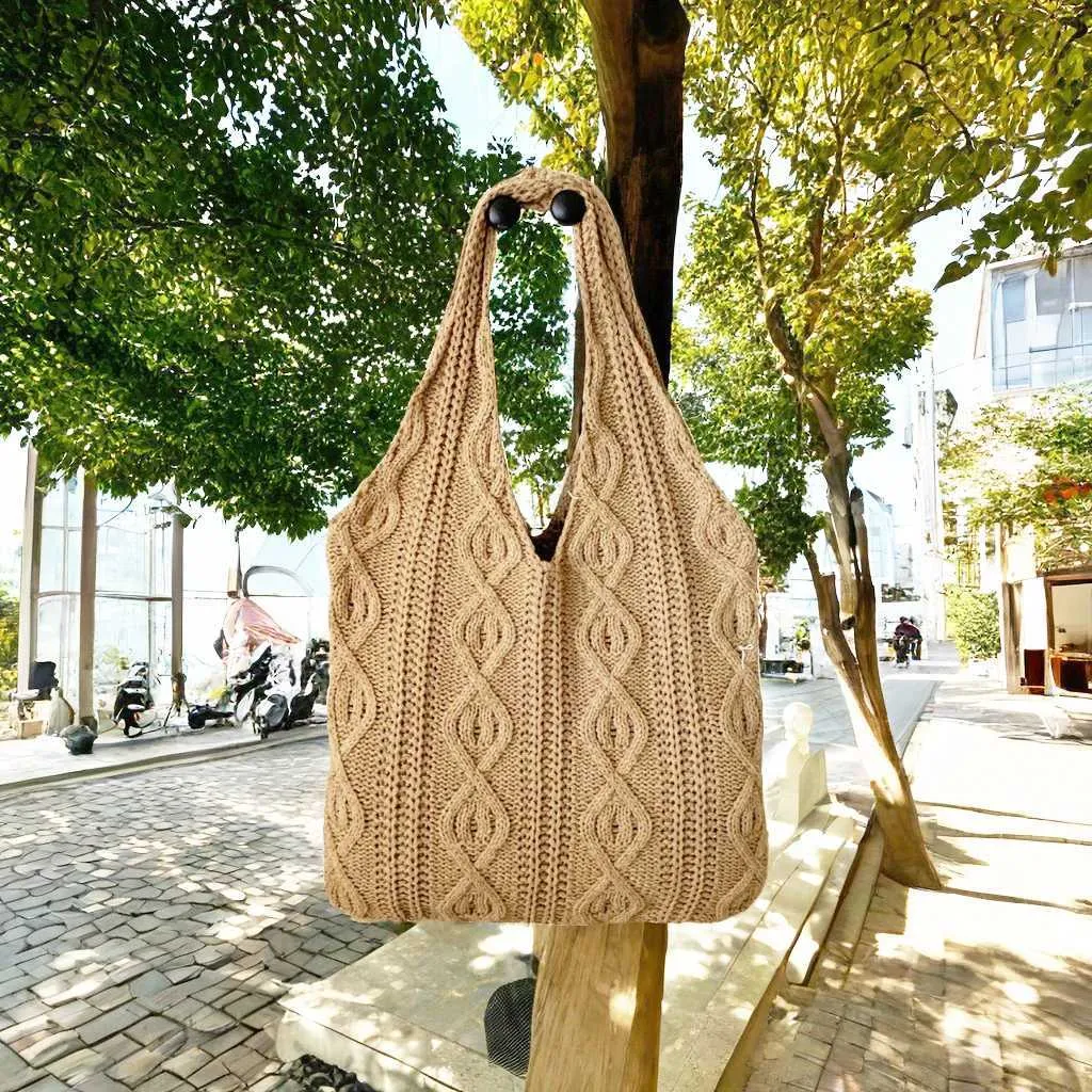 Vintage Strick Schultertasche Für Damen, Große Handtasche Casual_voghion.com