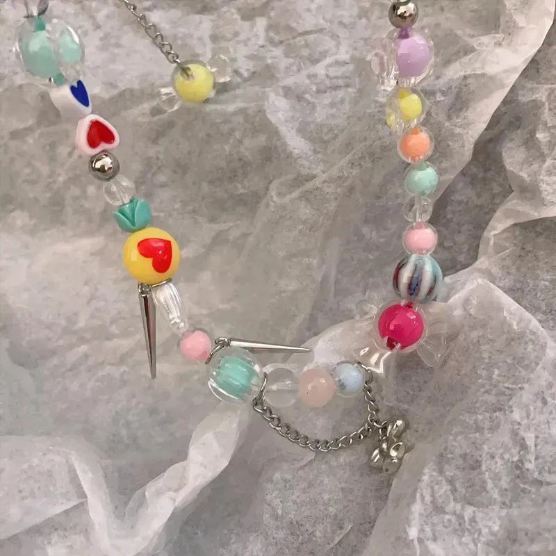 Collar con colgante de corazón y cereza mujer estilo y2k boho_voghion.com