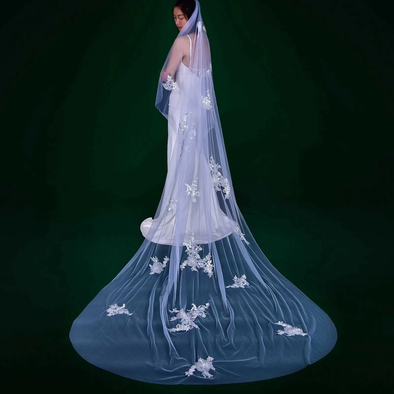 Gioielli per capelli MZA53 Velo lungo da cattedrale Applicazioni in pizzo Veli da sposa Bordo tagliato 1 livello Morbido tulle Accessori per abiti da sposa_voghion.com