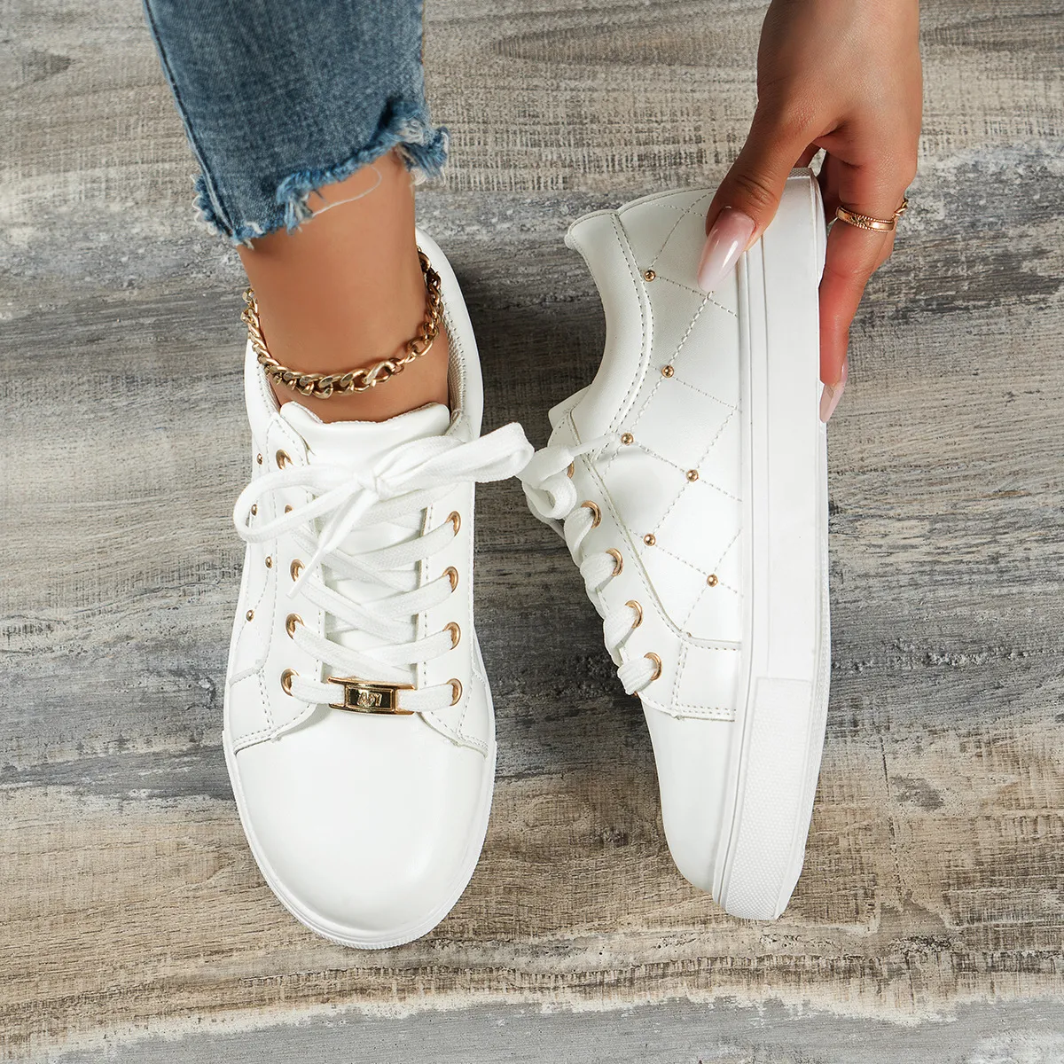 Casual Board Shoes White Round Toe Lightweight Comfortable Trainers_voghion.com