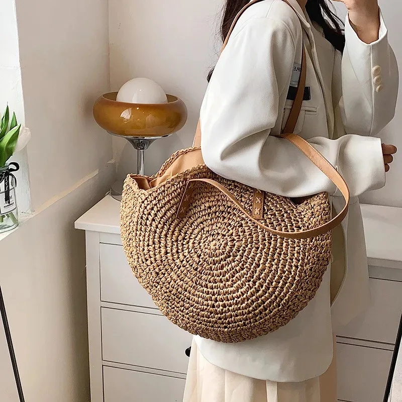Damen Stroh Schultertasche Für Den Strand Große Handtasche_voghion.com