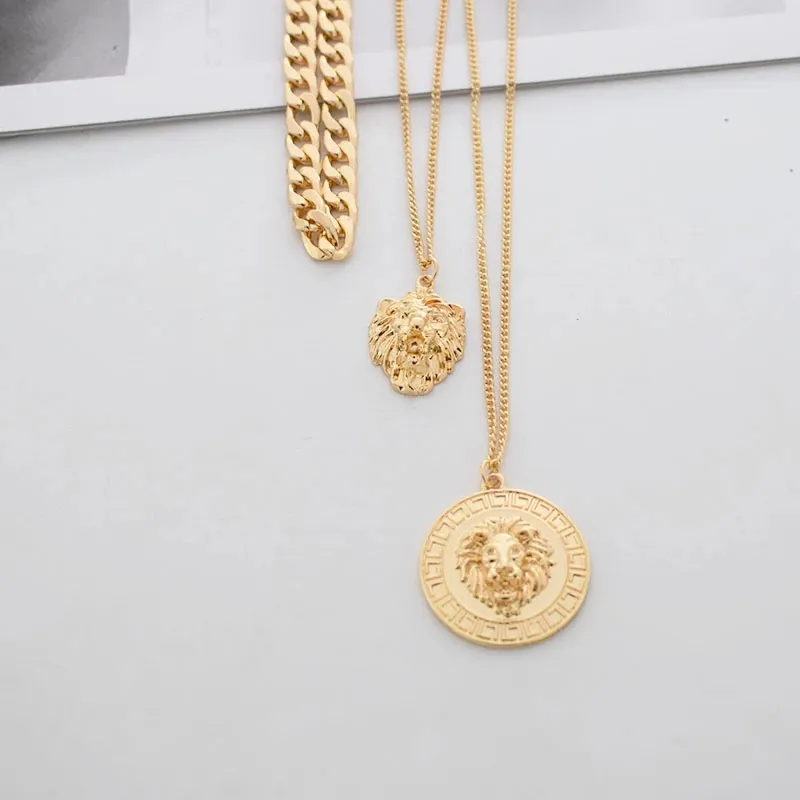 Colliers pendentifs style punk, chaîne en métal doré multicouches, motif lion, collier rond en pièces de monnaie pour femmes_voghion.com