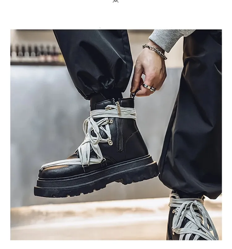 Bottines courtes en cuir à plateforme pour homme, chaussures de moto noires à la mode, style streetwear, 250114_voghion.com