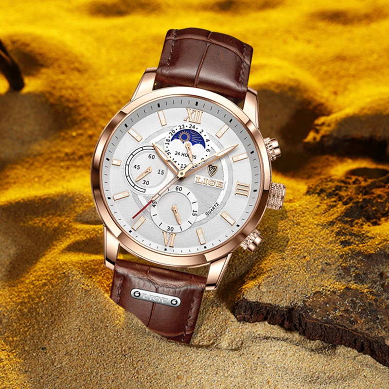 Men's Luxury Quartz Chronograph Watch With Leather Strap & Box_voghion.com