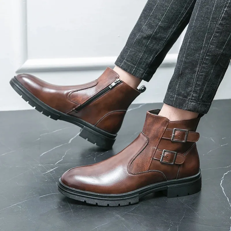 Classic Leather Business Ankle Boots For Men With Double Buckle_voghion.com