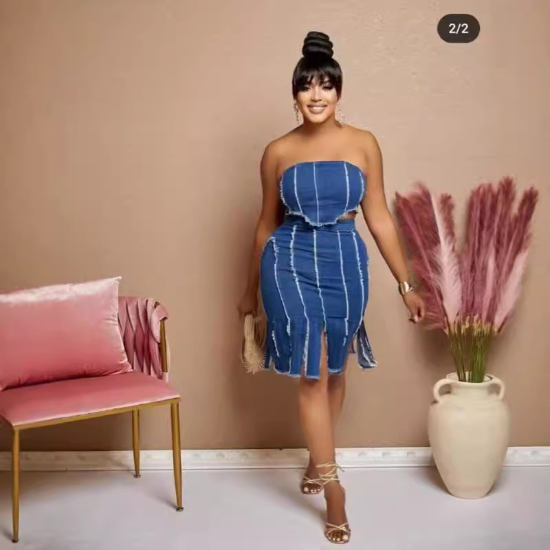 Women's Clothing Washed Denim Suits Fashionable Sexy Tube Top Dress Two Piece Suit