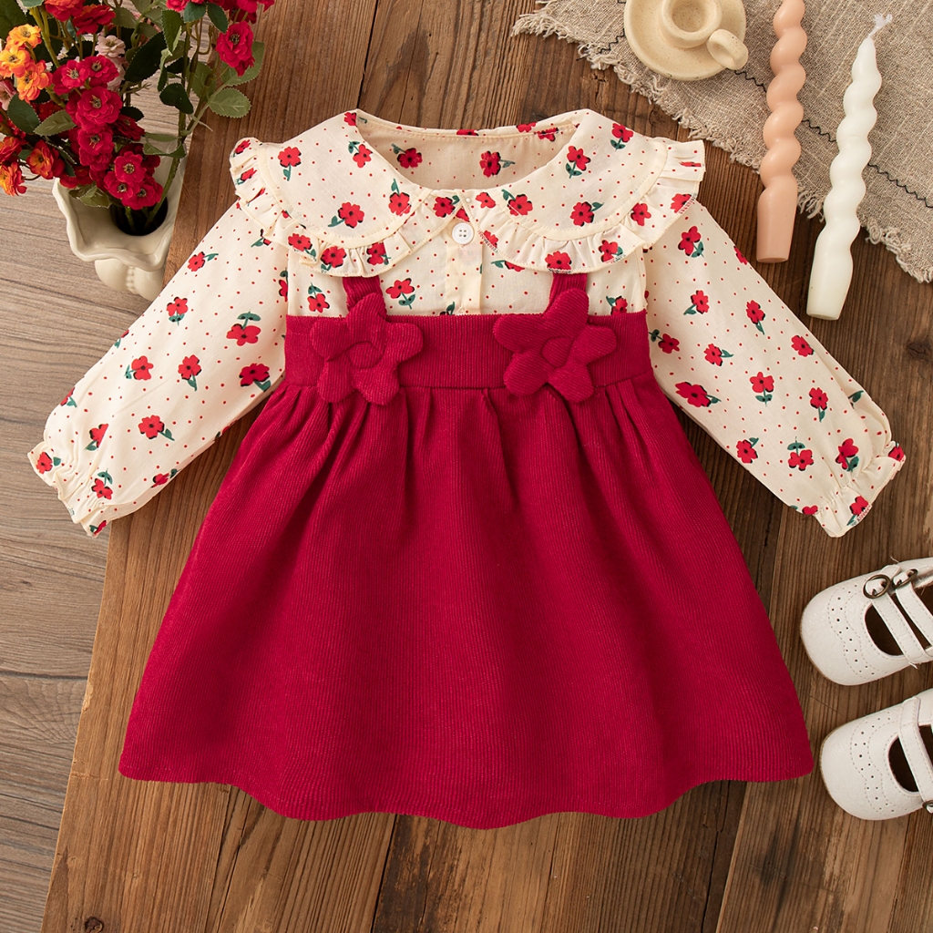 Nuovo vestito a maniche lunghe per bambina con fiori piccoli, primavera e autunno, dolce e carino, adatto per il nuovo anno (9 mesi - 3 anni)_voghion.com