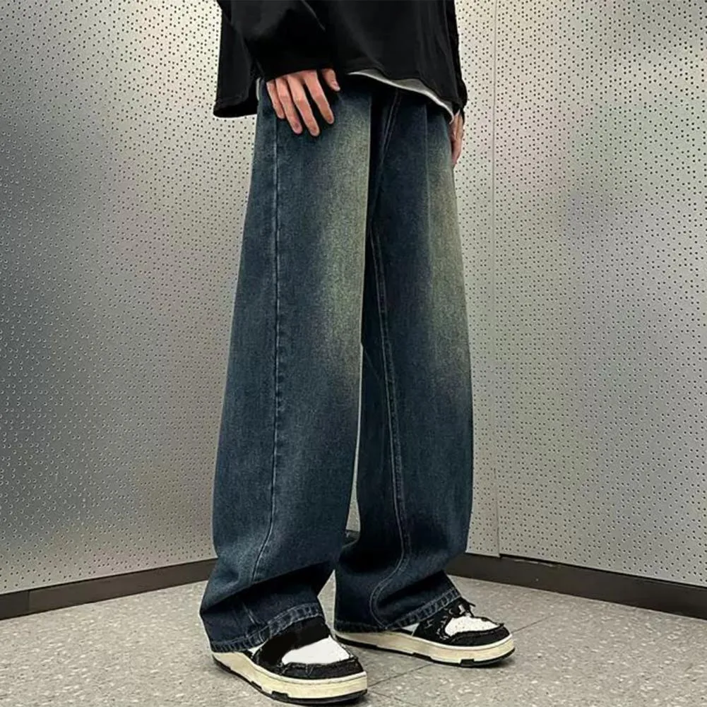 Men's Jeans Men Retro Washed Blue Hop Denim Trousers With Gradient Contrast Color Wide Leg Pockets High Street Style For_voghion.com