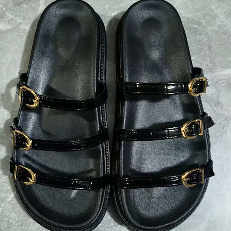 SHLIANG Casual Flache Frauen Strand Hausschuhe Outdoor Dicke Unterseite Weibliche Sommerrutschen Metallschnalle Weiches Leder Walking Damen Römische Schuhe Y0276_voghion.com