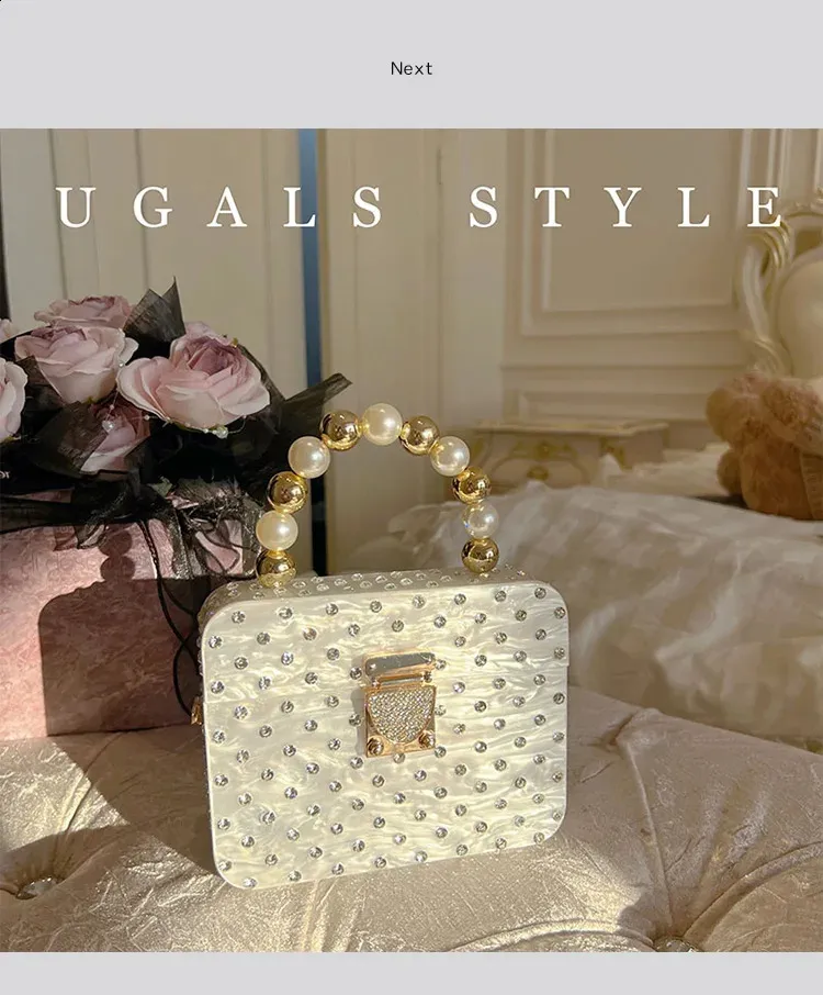 Acryl-Box-Form-Clutch-Tasche Perlengriff Handtasche Dia Metall glänzend Gold Frauen Abendparty süße Geldbörse Hochzeit 240822_voghion.com