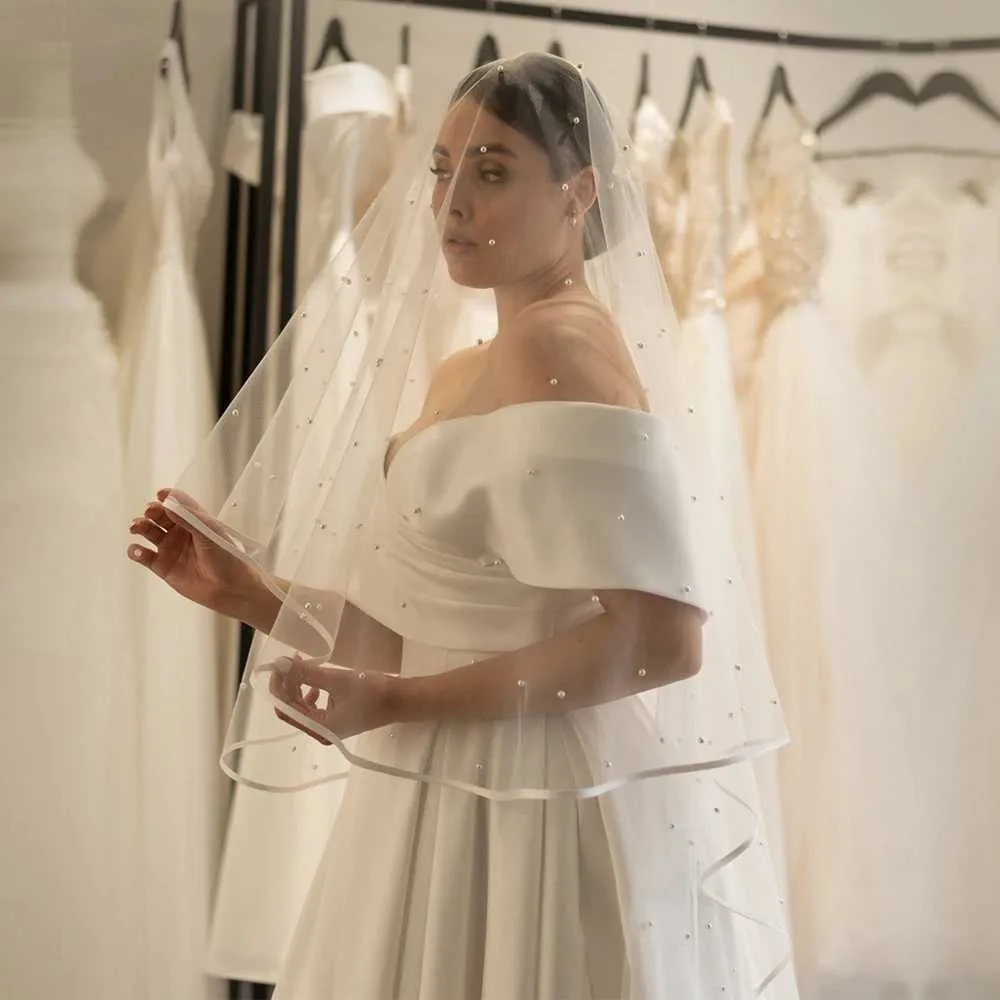 Gioielli per capelli, perle, perline, veli da sposa a 2 strati, lunghi, con bordo a nastro e pettine, stile a goccia, abiti da sposa_voghion.com