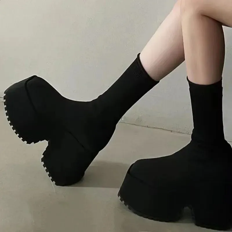 Sock Woman Hided Female Casual Shoes Autumn Wedge Lady Knitting Short Ankle Boots Platform 11 CM 240826_voghion.com