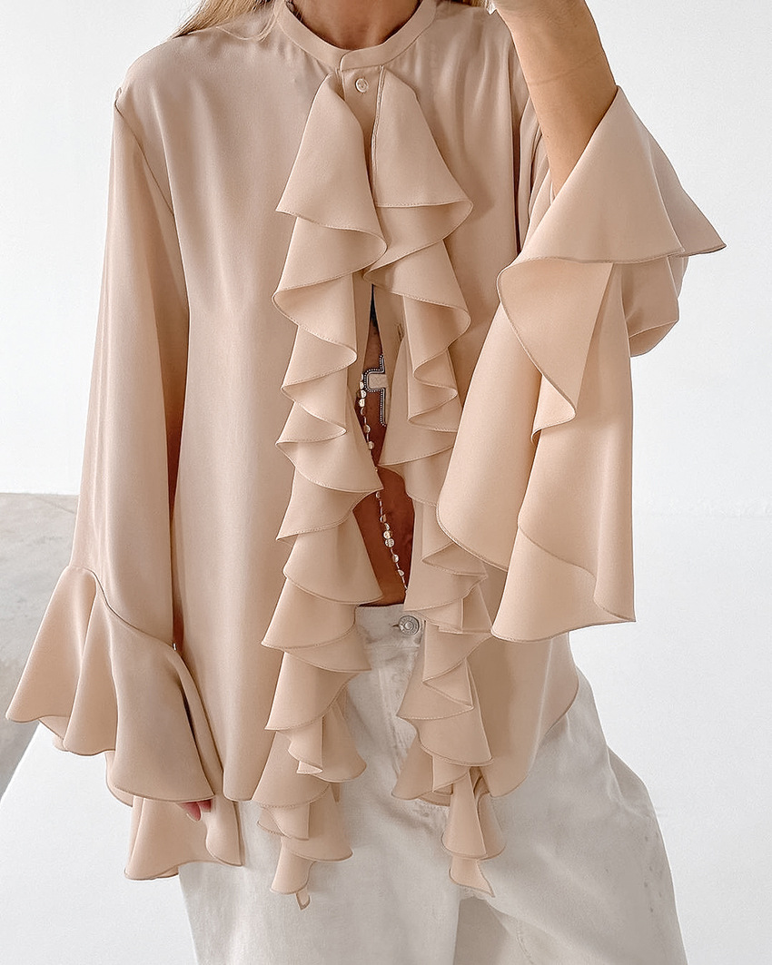 Dametøj Design flæser langærmet skjorte vinter ny stil temperament high-end cardigan top kvinde _voghion.com