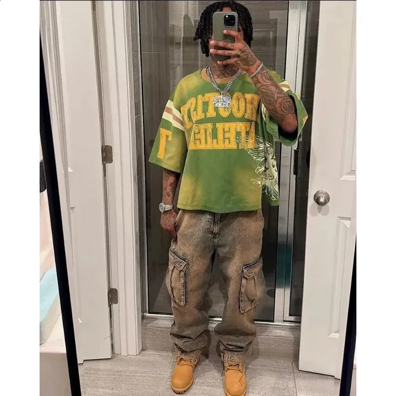 Maglietta da uomo in puro cotone con scollo rotondo verde, estiva, con stampa grande, stile street hip-hop, stile Y2k, casual, oversize 241230_voghion.com