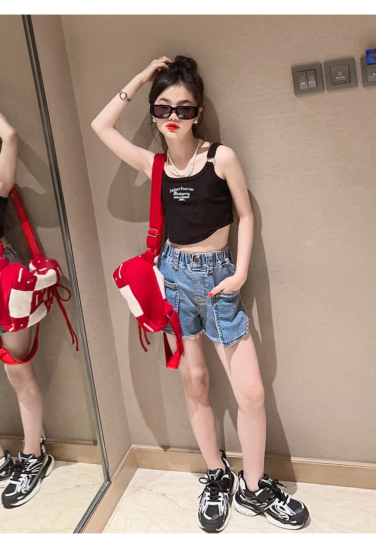 Mutter & Kinder Mädchen sommer chic neckholder-hipster kinder sommer lässig brief denim shorts Spice Girls zwei-stück set_voghion.com