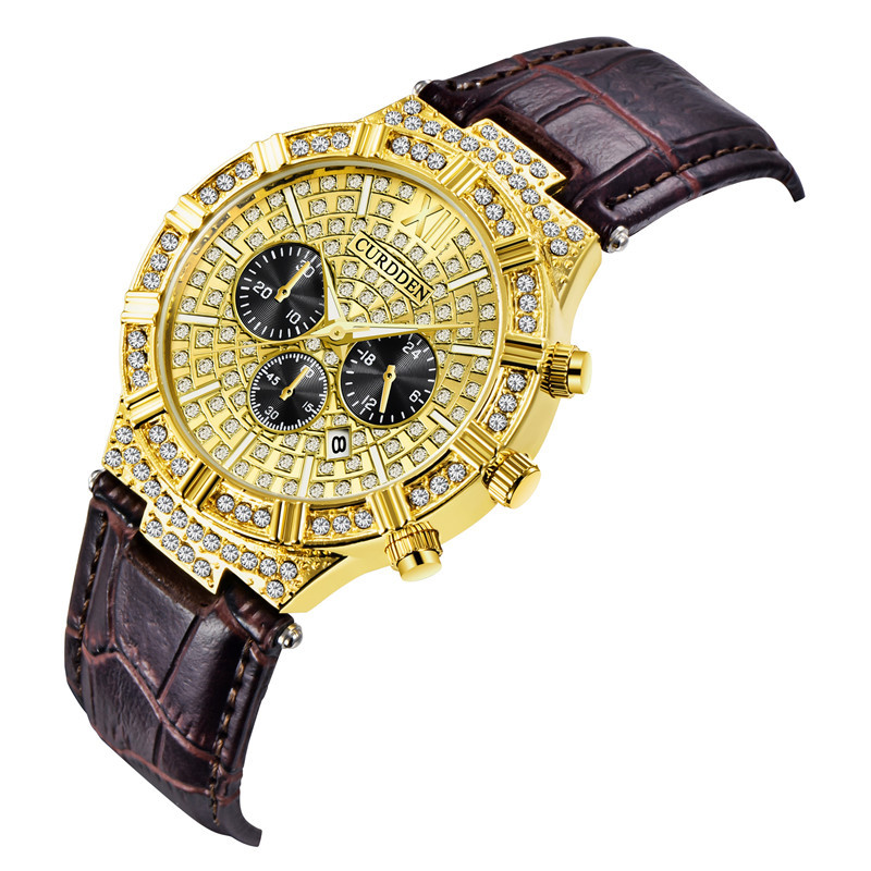 CURDDEN Brand Men's Leather Band Diamond Date Quartz Watches_voghion.com