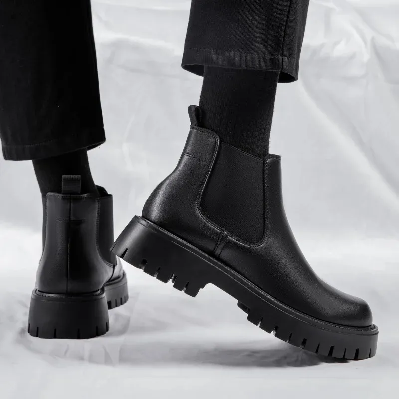 Scarpe da lavoro impermeabili con suola spessa da uomo in stile britannico, moda casual, classiche, in pelle, comode, con punta tonda e punta alta_voghion.com