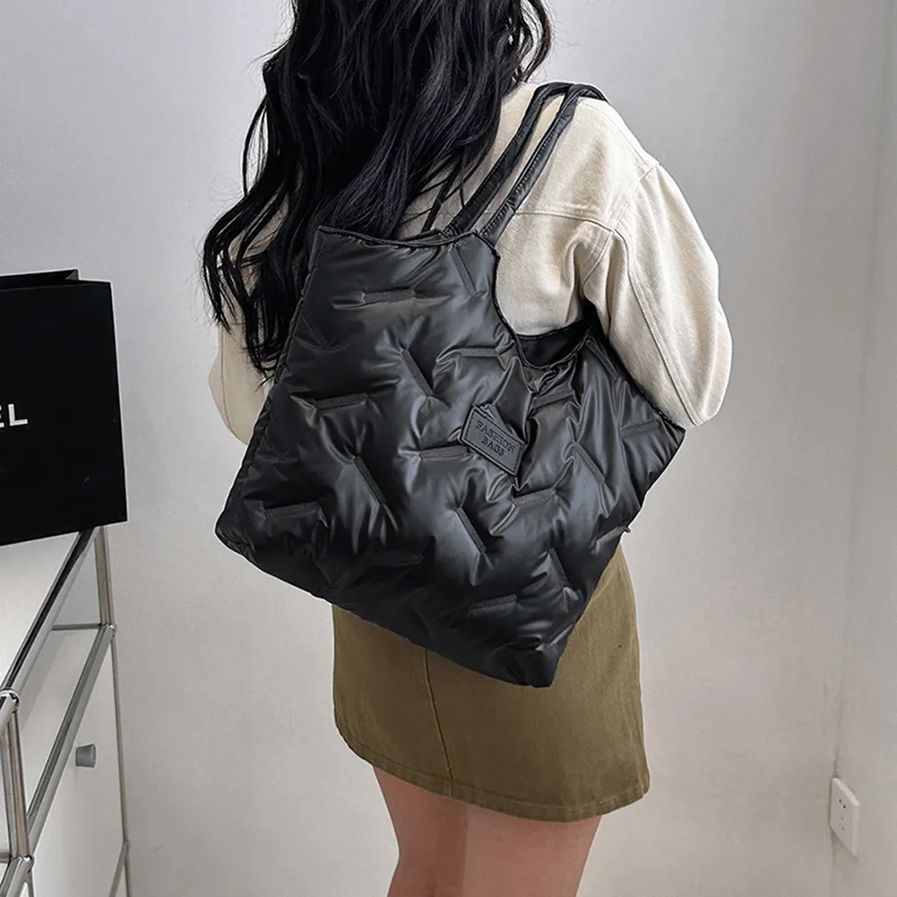 Borsa a mano imbottita in cotone da donna, trapuntata, grande capacità, invernale, casual, morbida e soffice._voghion.com