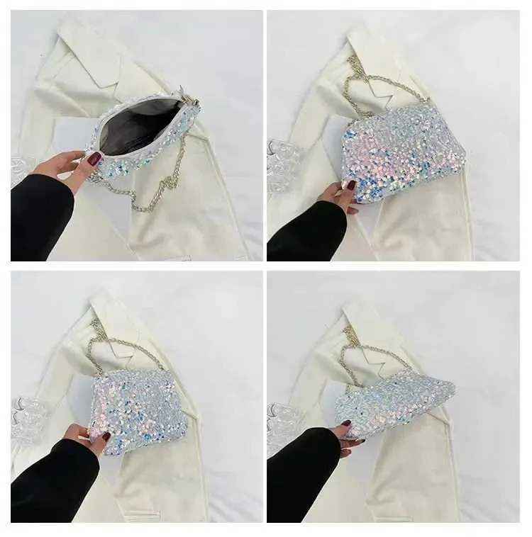 Sac à bandoulière à chaîne simple INS couleur unie paillettes sac à bandoulière portefeuille mobile sac à main de nuit Y241019_voghion.com