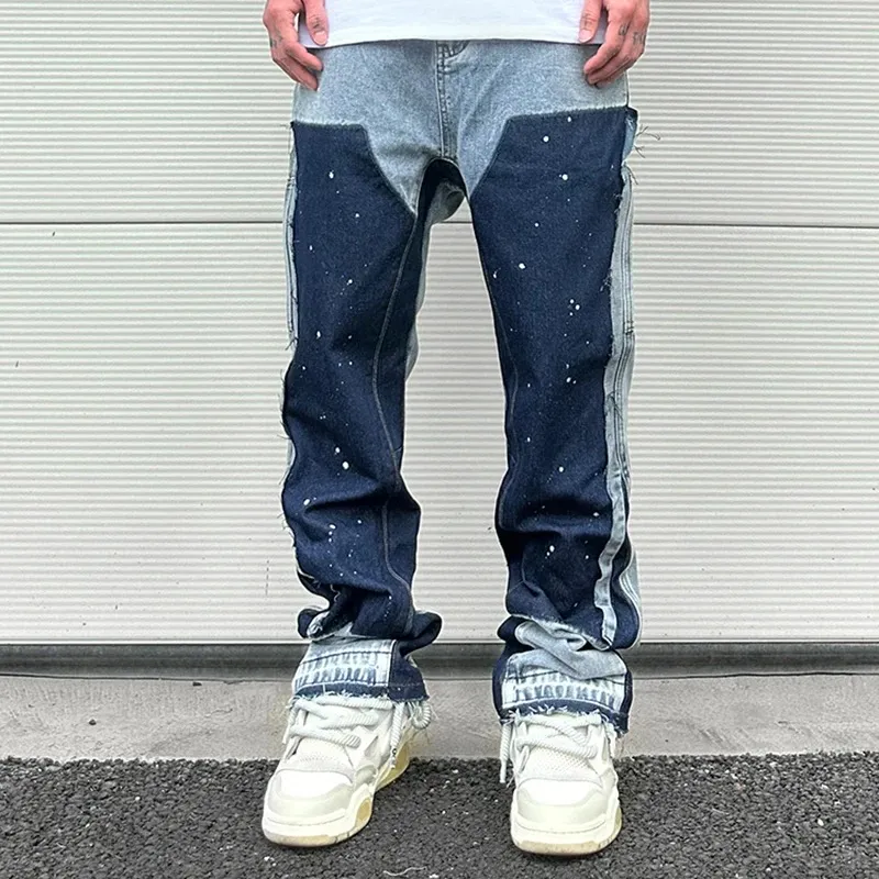 Men's Jeans European Ink Sprayed Flared For Men Contrast Color Looen Fit Streetwear Denim Clothes Open Hem Male's Baggy_mkmklike.com