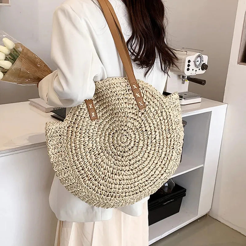 Damen Stroh Schultertasche Für Den Strand Große Handtasche_voghion.com