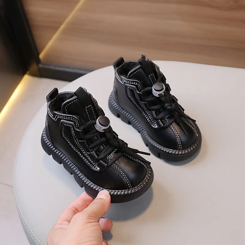 Botas cortas impermeables de cuero Happysteps para niños, zapatos de algodón cálidos y gruesos de felpa para la nieve, de invierno, a la moda, de cuero para niños pequeños_voghion.com