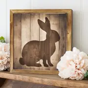 "8x8" Rustic Bunny Silhouette Wood Sign - Farmhouse Wall Art For Kitchen, Bedroom & Office | No Power | Easter/Housewarming Gift_voghion.com