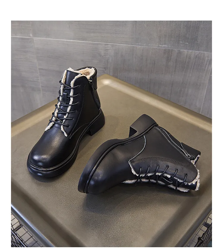 Genuine Leather Round Toe Motorcycle Plush Insulation and Thick Soled Short Boots with British Style Versatility_voghion.com