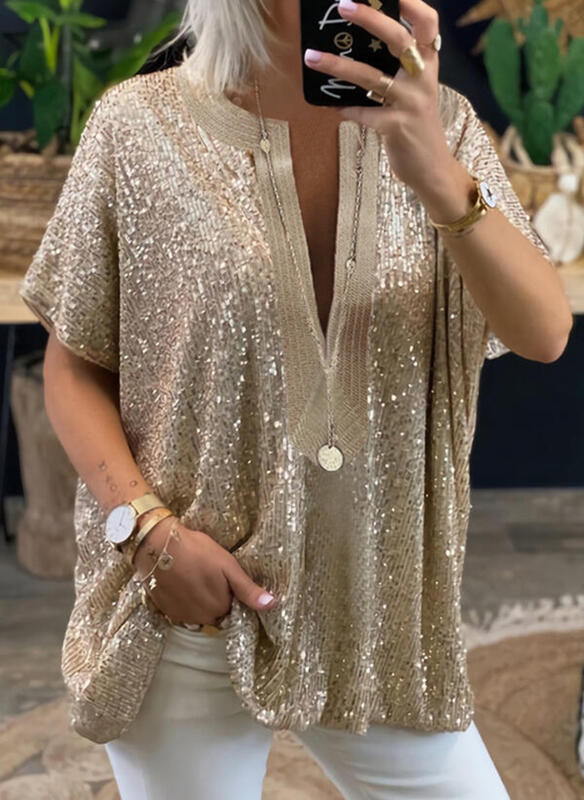 Women’s Clothing Women's New Loose Sequined V-neck Short-sleeved Casual Shirt