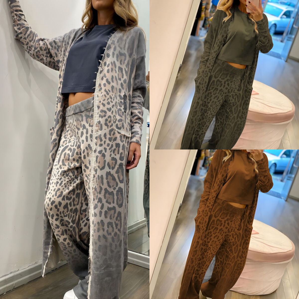 Ensemble deux pièces pour femmes, Cardigan à manches imprimé léopard, manteau et pantalon Long, nouvelle collection printemps 2024_voghion.com