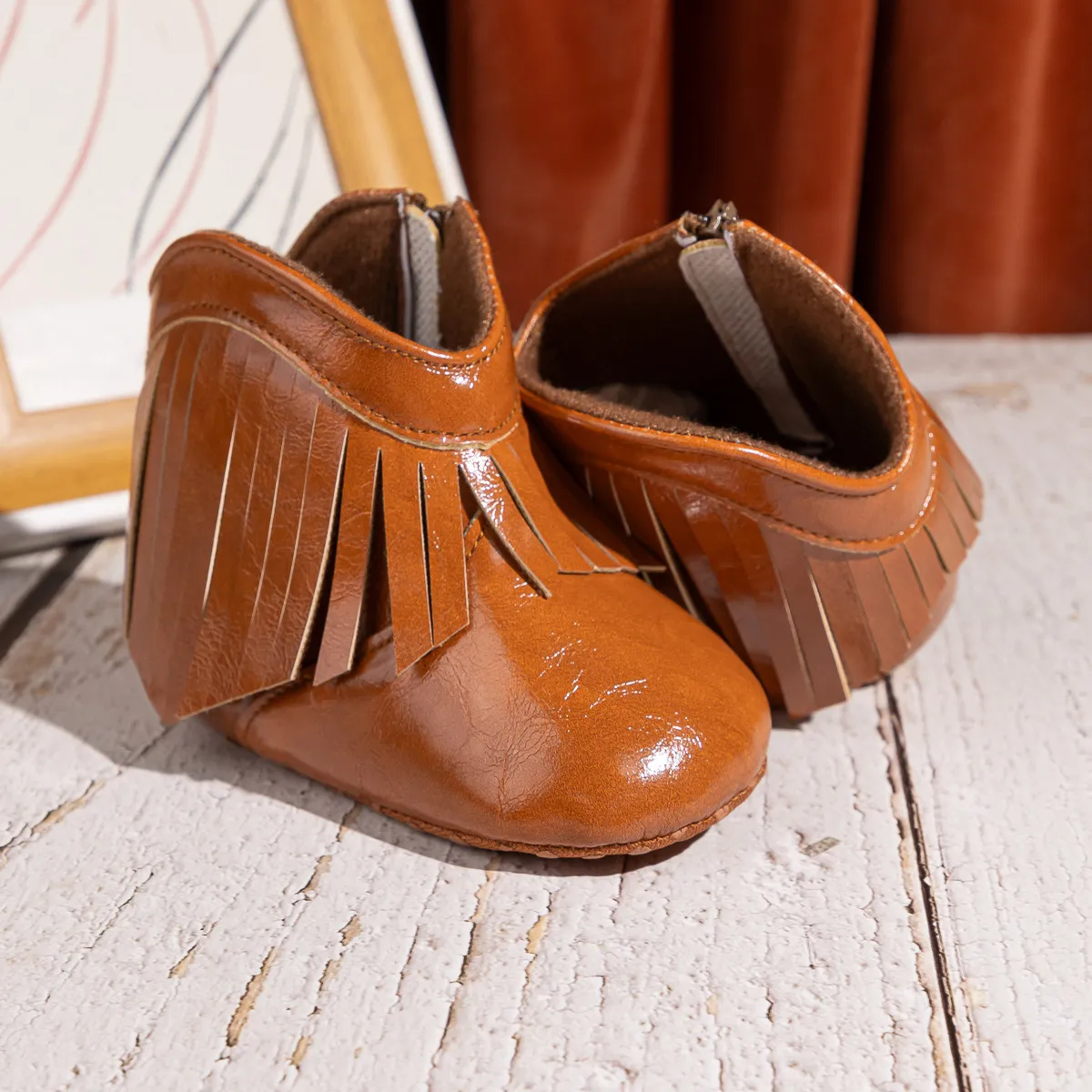 Botas de inverno para meninas com borla de couro PU para bebês, zíper lateral, sola macia, antiderrapante, quente, para primeiros passos_voghion.com