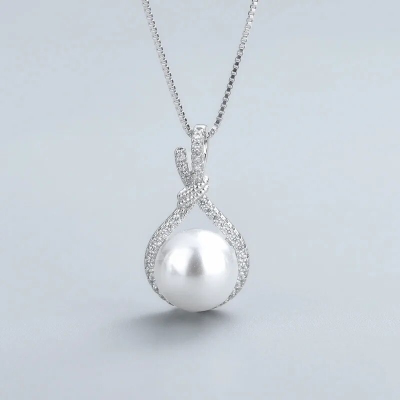 Collier pendentif en argent à la mode avec perle blanche ronde et zircone, accessoires pour femmes, mariage, fiançailles, vente en gros_voghion.com