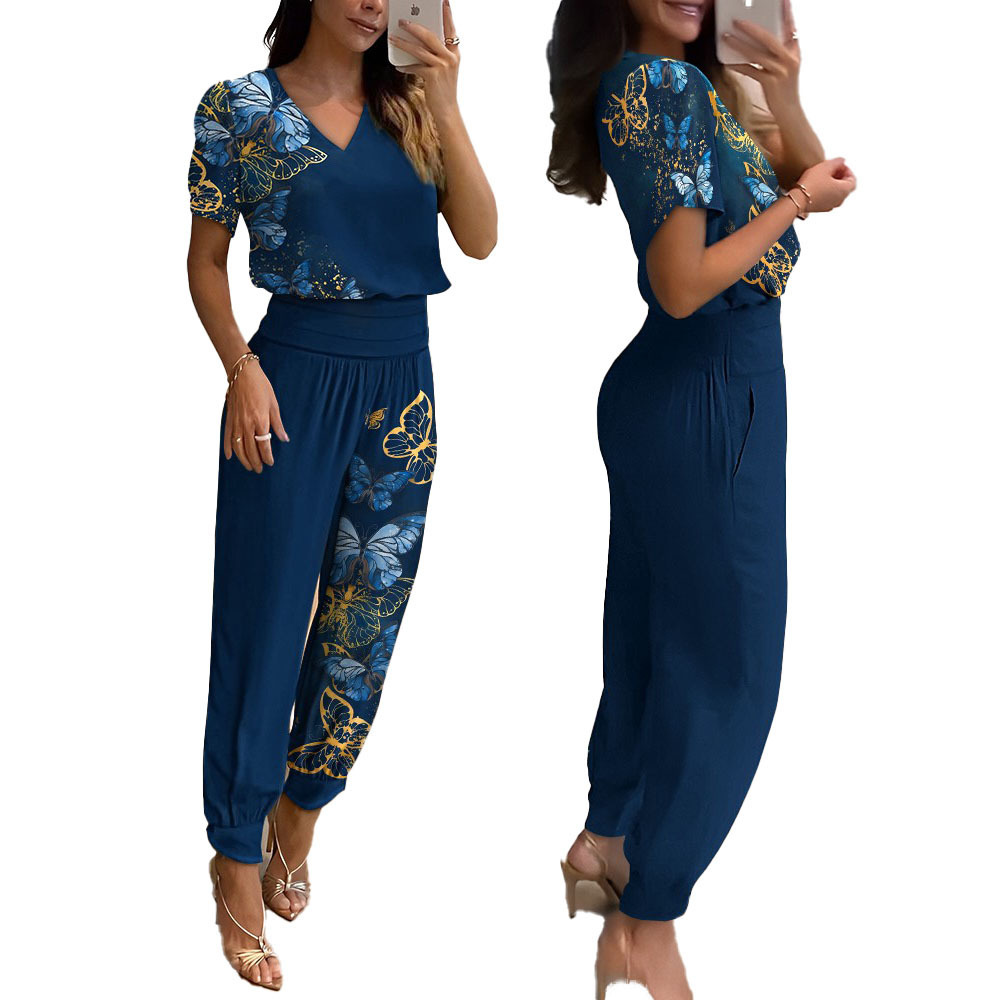 Ensemble deux pièces pour femmes, nouvelle mode et décontracté, col en v, imprimé, manches courtes, pantalon, deux pièces_voghion.com