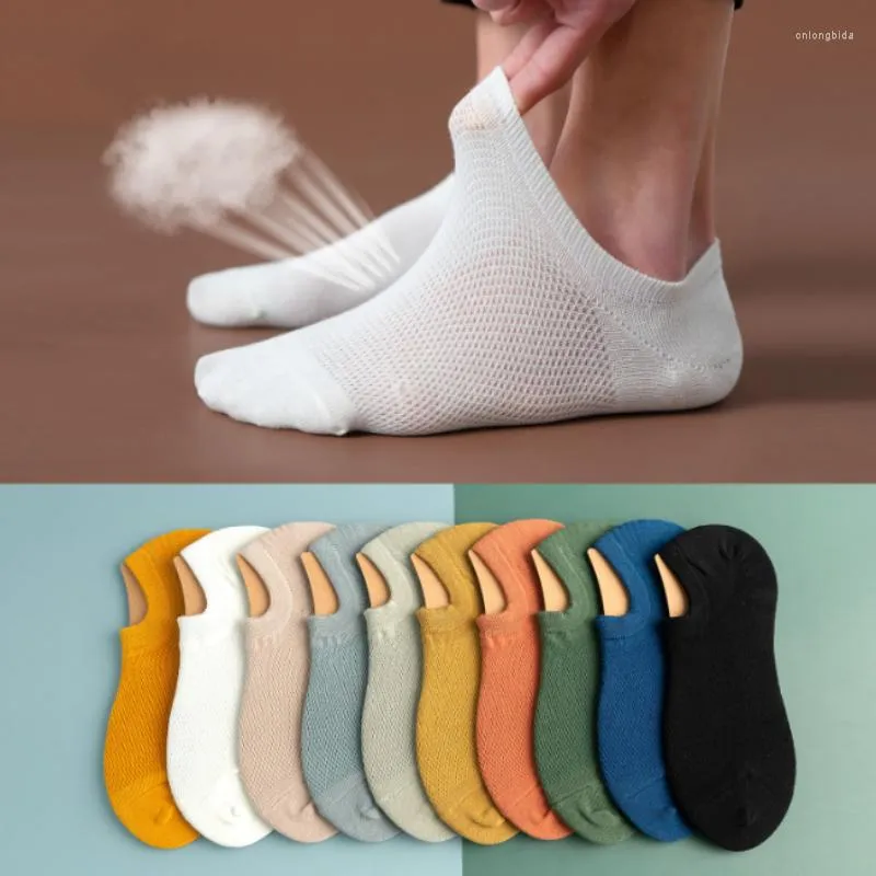Calzini da uomo, 5 paia, in cotone a rete, invisibili, estivi, in silicone, sottili, antiscivolo, traspiranti, alla caviglia_voghion.com