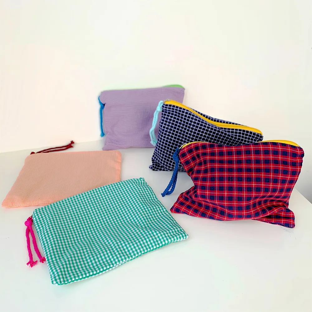 Mode Frauen Plaid Druck Kleine Kosmetik Baumwolle Stoff Make-Up Lagerung Taschen Japan Stil Zipper Kulturbeutel Waschen_voghion.com