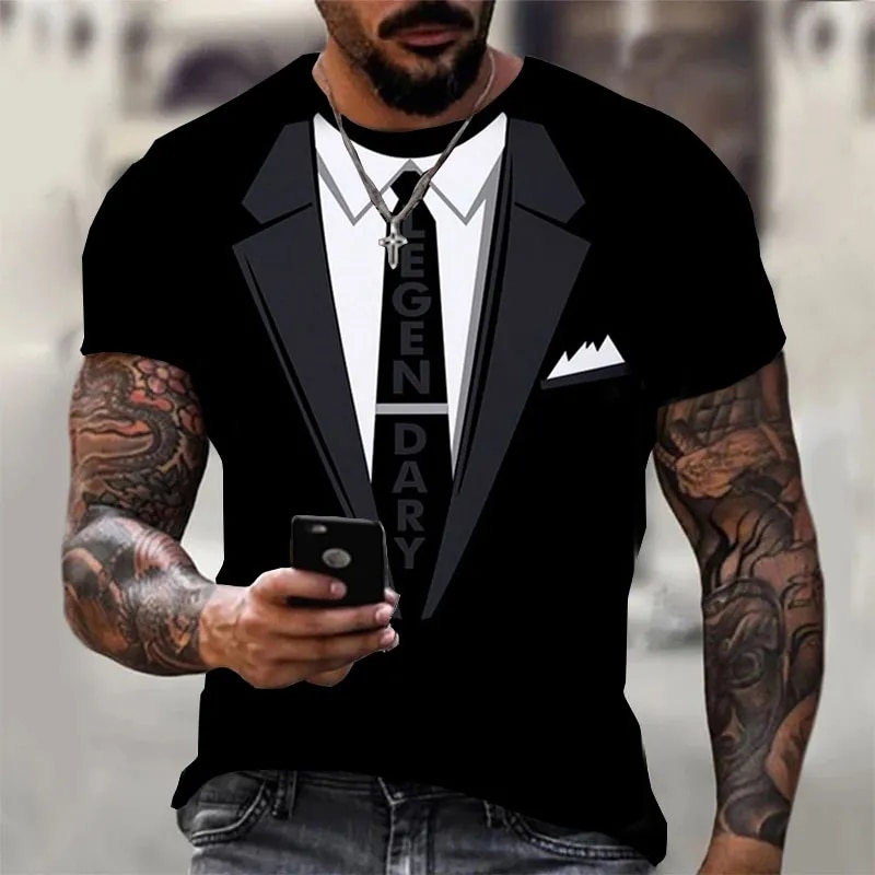 Fashion Men's T-shirts 3d Print Suit And Tie Pattern Plain Short Sleeved T-shirt For Men's Clothing High Street Streetwear Tops_voghion.com