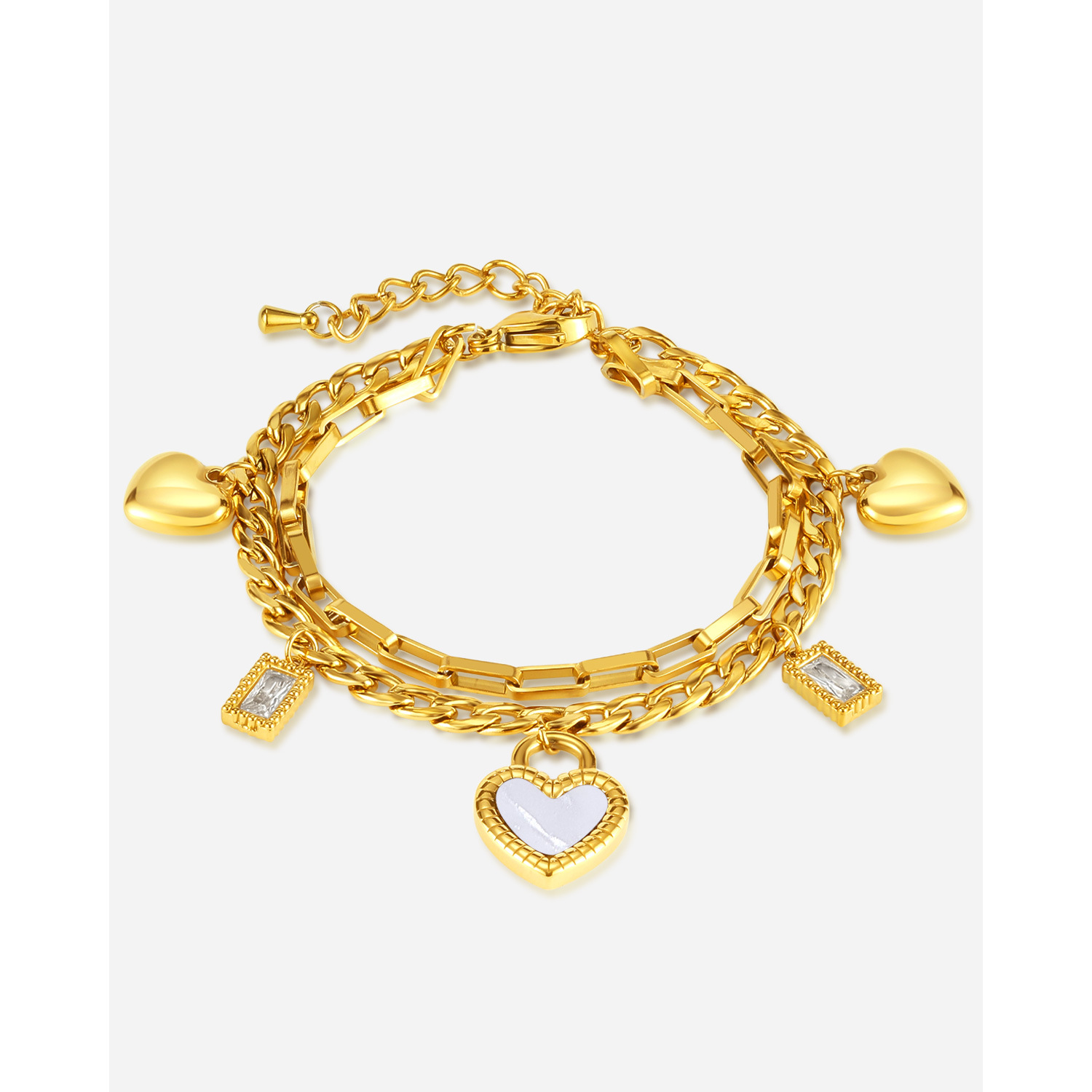 Double Layers Loving Heart Mother Shell Twin Chain Stainless Steel Bracelet_voghion.com