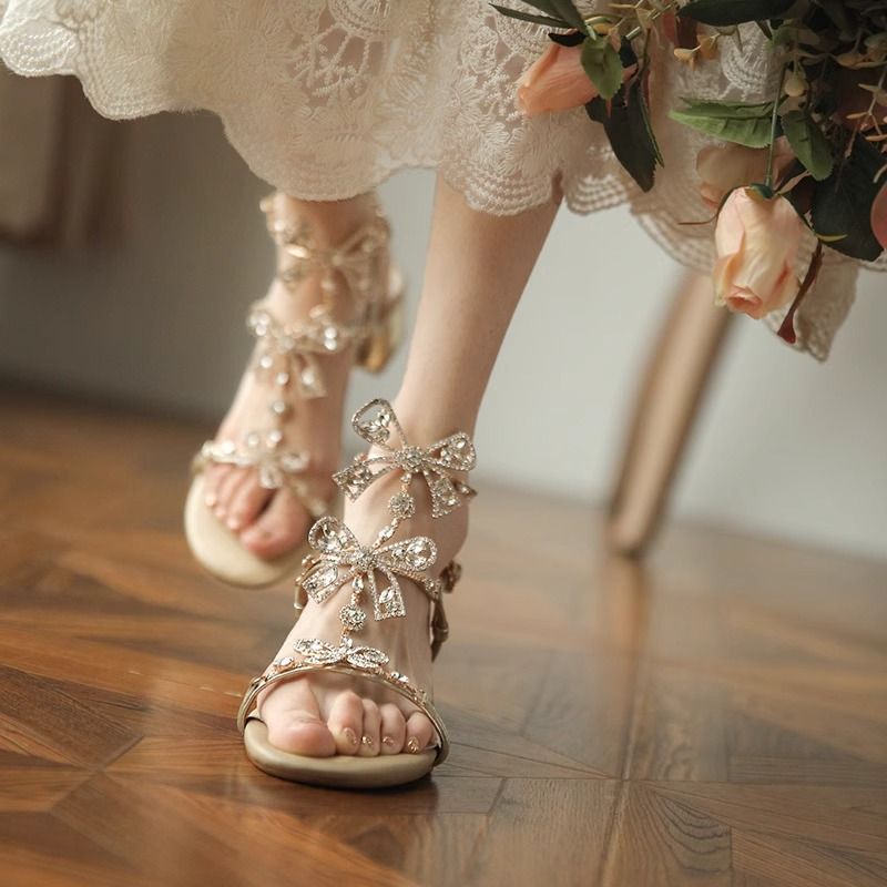 2024 Internet Celebrity Latest Model Bow French Rhinestone Roman Sandals,with A Fairy Style Tie And Thick Crystal High Heels_voghion.com