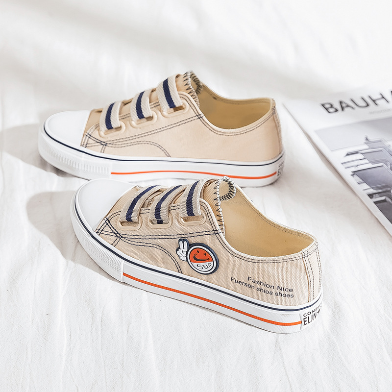 Elastic Band Smiling Face Canvas for Women Summer and Autumn Students Versatile Little White 2024 New One Step Lazy_voghion.com