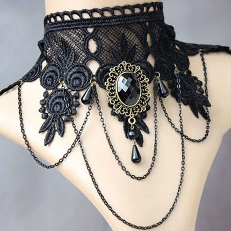 Collane con ciondolo Halloween Clavicola Catena Bella Cristallo Nero Pizzo Collo Collana Collare Per Ragazza_voghion.com