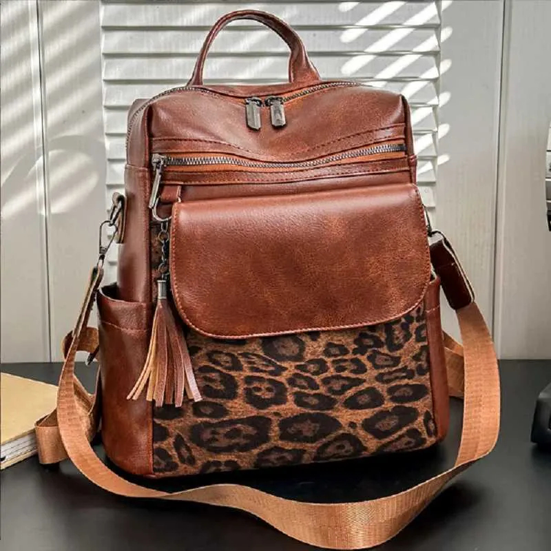 Sacs à dos de voyage en cuir vintage léopard pour femmes, nouvelle mode, grande capacité, sacs à bandoulière, fourre-tout, sac d'école, bandoulière_voghion.com