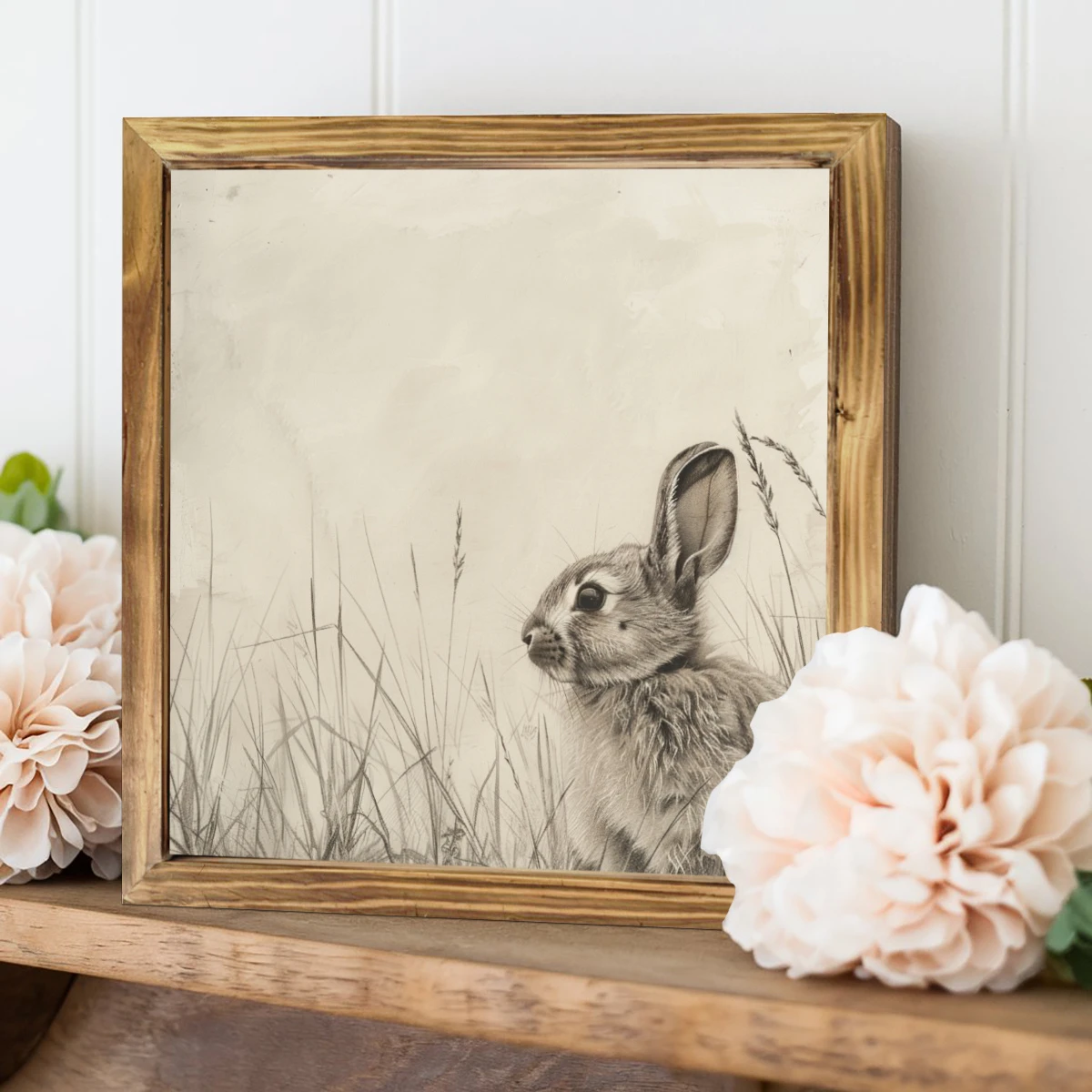 Decorațiune murală rustică cu iepuraș - semn înrămat în lemn de 20x20 cm cu iepure vintage. Decor perfect pentru casă sau ca și cadou de Paște._voghion.com