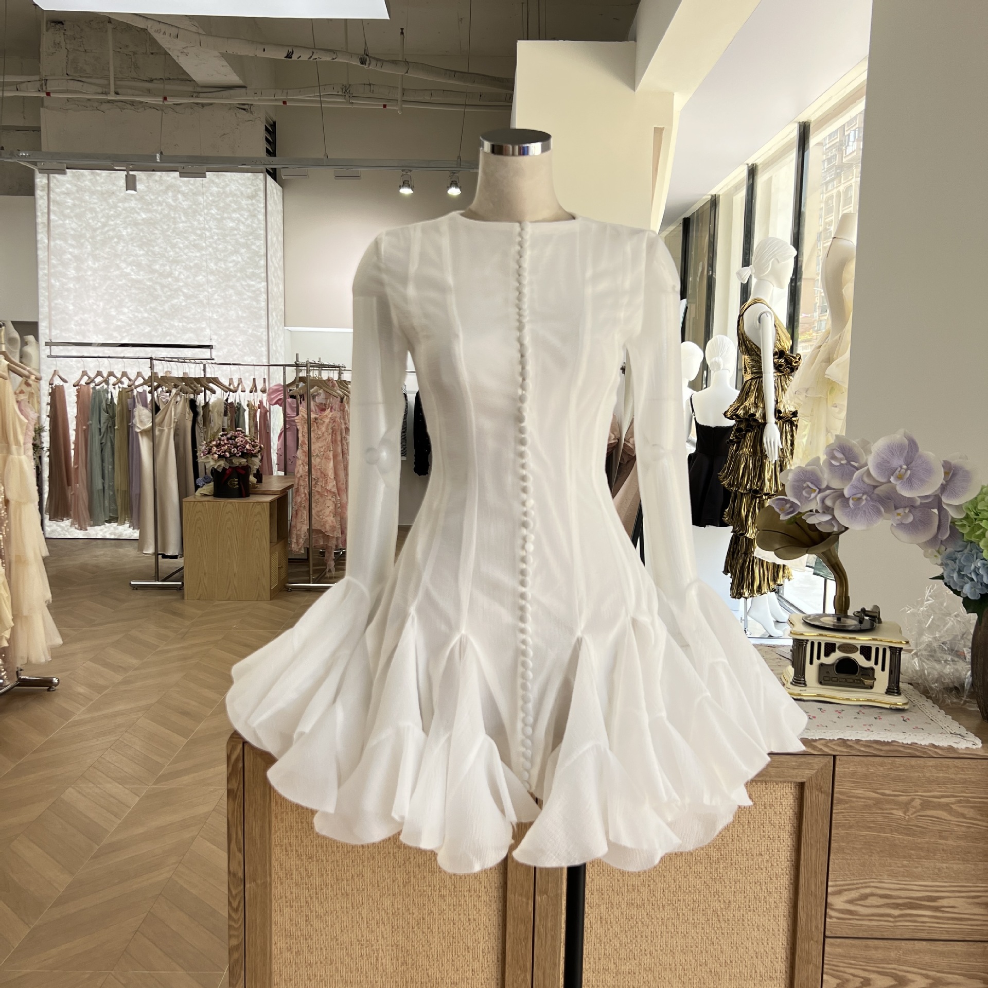 Women's Clothing Niche Flower Fairy Bud Buttoned Slim Dress Sweet Salt Unique Design Solid Color Short